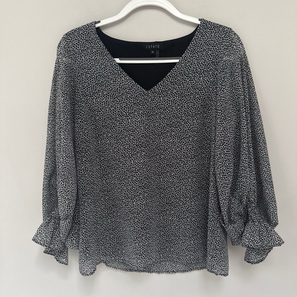 1. State Black and White Blouse with Puff Sleeves and Ruffled Style